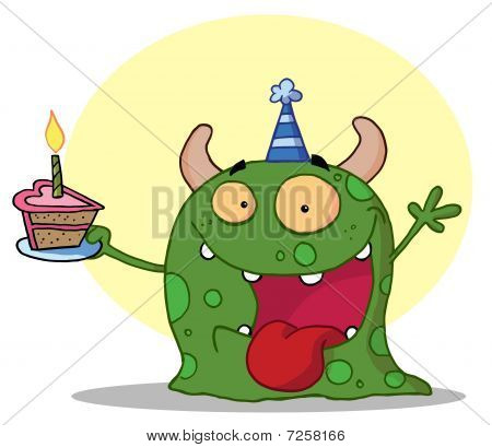 Feliz aniversário verde monstro usando um chapéu de festa e segurando uma fatia de bolo