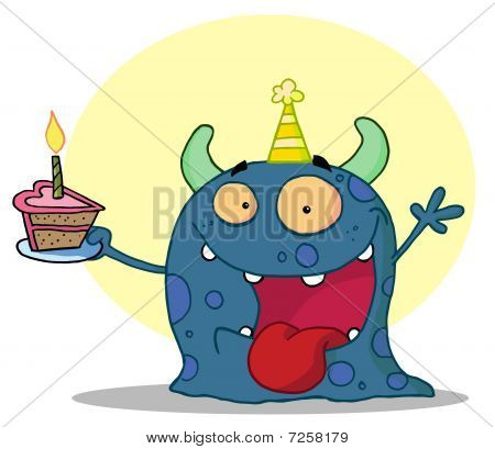 Feliz aniversário azul monstro usando um chapéu de festa e segurando uma fatia de bolo