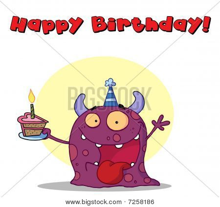 Feliz aniversário texto acima um monstro de aniversário roxo, vestindo um chapéu e segurando o bolo