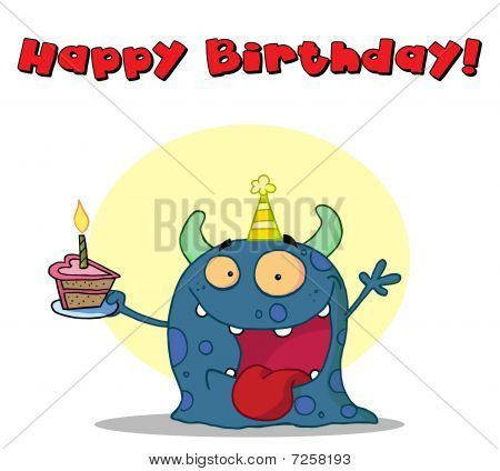 Feliz aniversário texto acima um monstro de aniversário azul, usando um chapéu e segurando o bolo