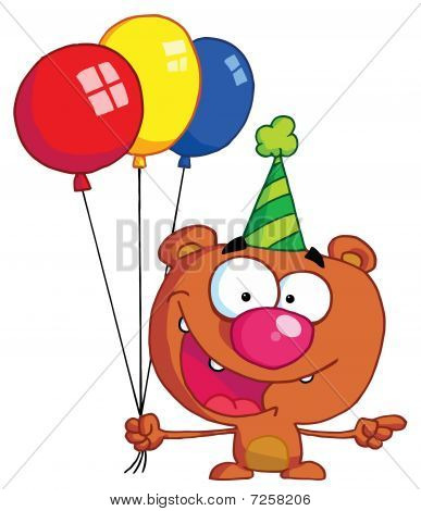 Urso de aniversário em uma festa do chapéu apontando para a direita e segurando balões coloridos de festa