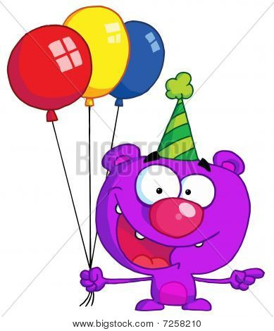 Urso feliz no chapéu de festa com balões