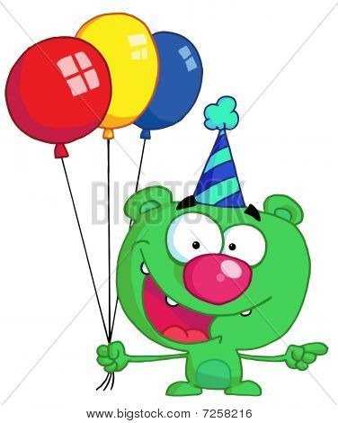 Urso verde aniversário em uma festa do chapéu apontando para a direita e segurando balões coloridos de festa