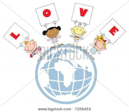 Süße Stick Cupids Liebe Zeichen auf einem Globus Holding