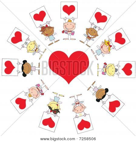 Süße Stick Cupids Herz Zeichen um ein Herz zu halten