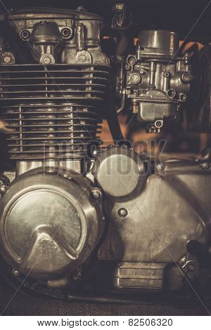 Close-up of a cafe-racer motorcycle engine 
