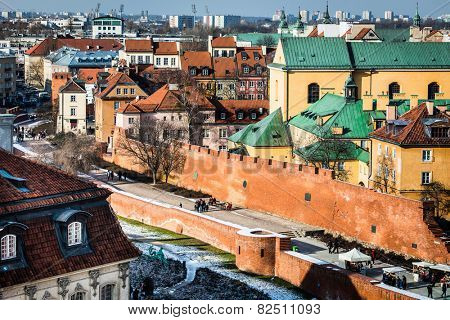beautiful view of the center of Warsaw, Castle Square and the Barbakan
