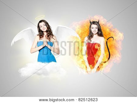 Beautiful Young Woman As Devil And Angel
