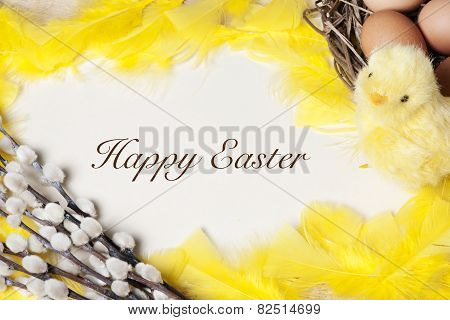 Easter Background  - Eggs In Nest And Baby Chicken