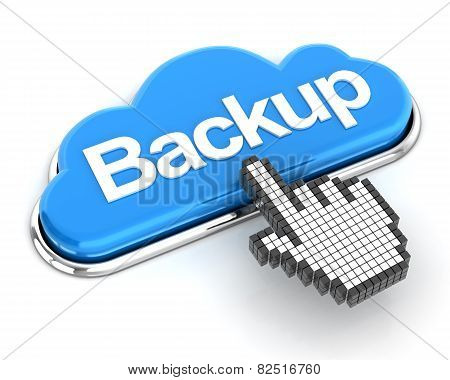 Hand cursor clicking a cloud shaped backup button, 3d render
