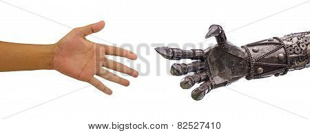 Man Hand  Handshake With Cy-ber Robot Isolated On White Background
