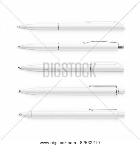 Vector Set of Blank White Plastic Pens Isolated
