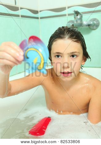 Handsome Preteen Boy Take Soap Bath