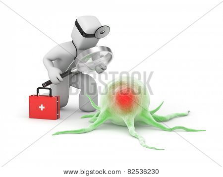 Medic with magnifying glass explores the disease or cancer cell