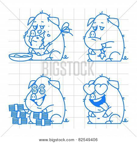 Pig character doodle concept set 2