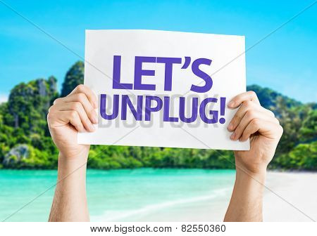 Let's Unplug! card with beach background