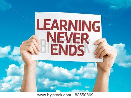Learning Never Ends card with sky background