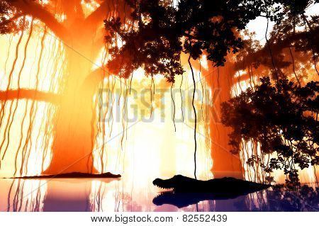 Aligators in Mysterious Fantasy Deep Jungle in Water in the Sunset Sunrise