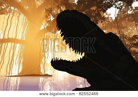 Aligators in Mysterious Fantasy Deep Jungle in Water in the Sunset Sunrise