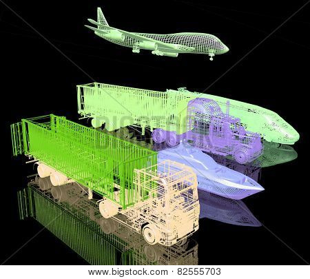 Types of transport. 3d model on black background