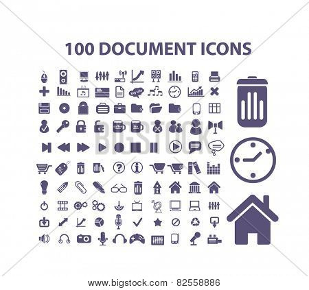 100 document, storage, management, office, documentation isolated design flat icons, signs, illustrations vector set on background