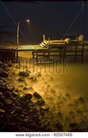 Small Dock At Tranquil Moody Night, Galapagos
