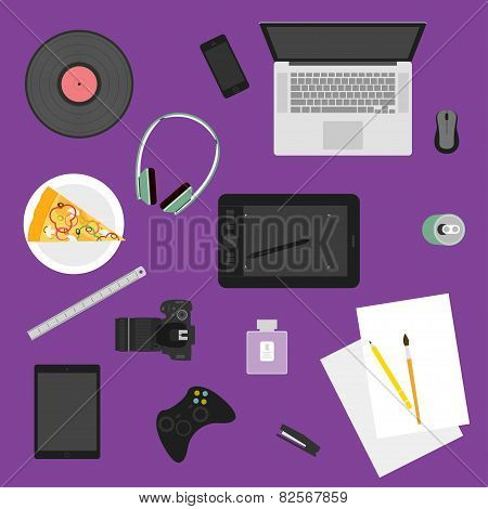 Trendy Flat Style Objects Used In Usual Life Of People