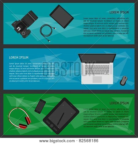 set in trendy flat style with some electronic objects used in usual life of modern people