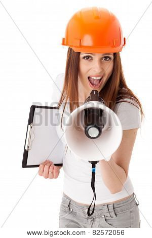Female Construction Superintendent With Megaphone