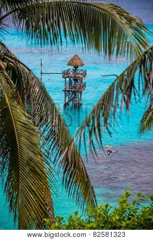 Zip Wire Adventure Over Caribbean Sea, Fun Mexico Tropical Island, Isla Mujeres.