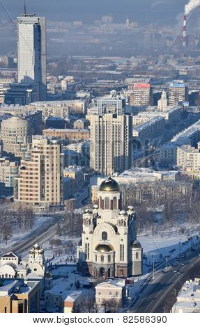 YEKATERINBURG, RUSSIA - JANUARY 2, 2015: Aerial view to the Church on Blood in Honour of All Saints Resplendent in the Russian Land. The church built on the site where Nicholas II was shot 