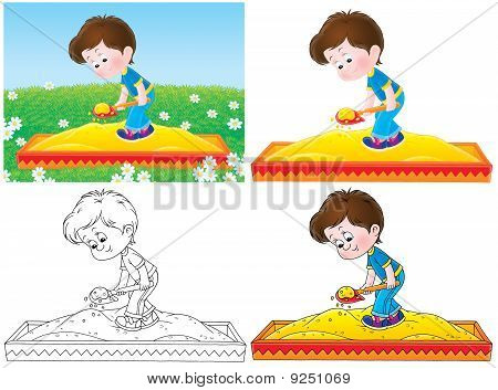 Lille dreng spille i en sandkasse