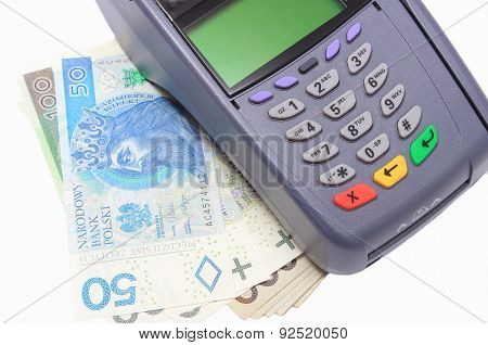 Payment Terminal With Money On White Background
