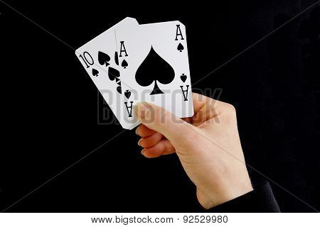 Hand Holding Best Classic Blackjack Combination Ten And Ace Of Spades