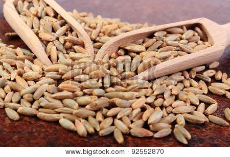 Heap Of Rye Grain With Wooden Spoon