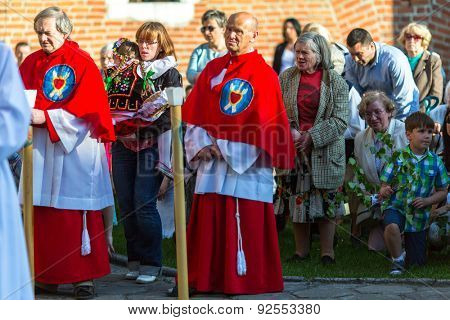 KRAKOW, POLAND - JUN 4, 2015: During the celebration the Feast of Corpus Christi (Body of Christ) also known as Corpus Domini, is a Latin Rite celebrating belief in the body and blood of Jesus Christ.