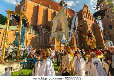 KRAKOW, POLAND - JUN 4, 2015: During the celebration the Feast of Corpus Christi (Body of Christ) also known as Corpus Domini, is a Latin Rite celebrating belief in the body and blood of Jesus Christ.