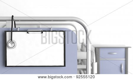Hospital bed with focus on blank patient sheet with stethoscope 