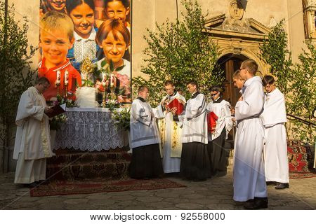 KRAKOW, POLAND - JUN 4, 2015: During the celebration the Feast of Corpus Christi (Body of Christ) also known as Corpus Domini, is a Latin Rite celebrating belief in the body and blood of Jesus Christ.