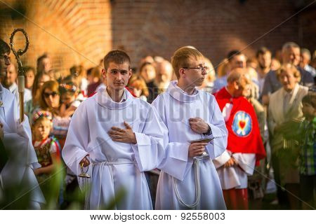 KRAKOW, POLAND - JUN 4, 2015: During the celebration the Feast of Corpus Christi (Body of Christ) also known as Corpus Domini, is a Latin Rite celebrating belief in the body and blood of Jesus Christ.