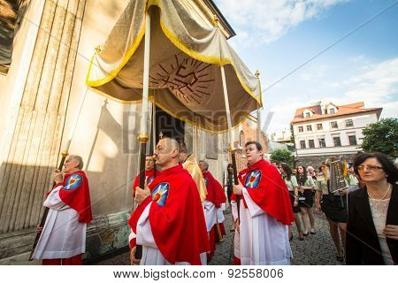 KRAKOW, POLAND - JUN 4, 2015: During the celebration the Feast of Corpus Christi (Body of Christ) also known as Corpus Domini, is a Latin Rite celebrating belief in the body and blood of Jesus Christ.