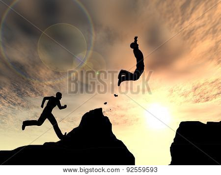 Concept or conceptual young 3D man or businessman silhouette jump happy from cliff over  gap sunset or sunrise sky background