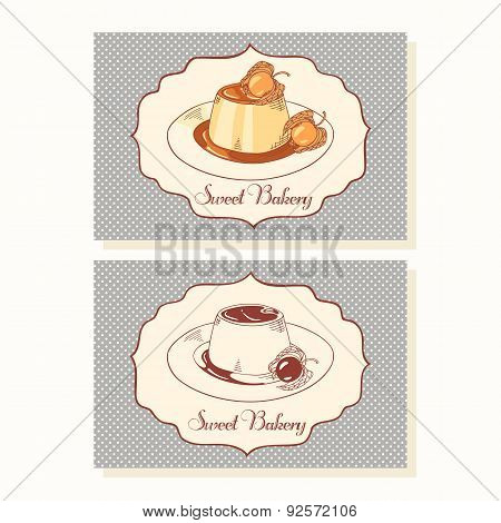 Creme caramel dessert business cards in vector
