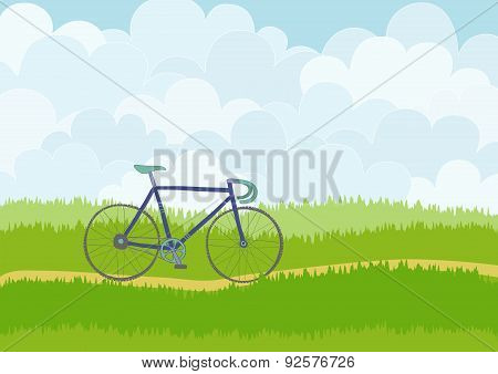 Beautiful simple cartoon meadow with blue racing bike