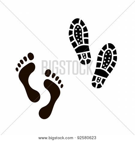Foot vector silhouette and footprint isolated on white background