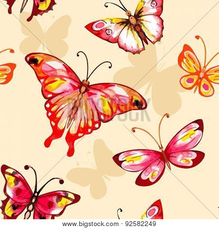 Flying watercolor butterfly seamless pattern. Vector background.