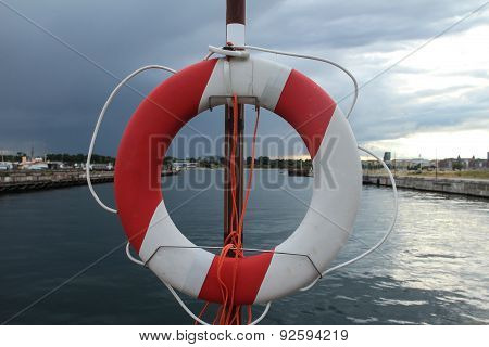 Life Buoy Near Water Canal In Harbour