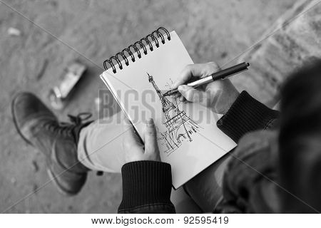 Black And White Image Of The Eiffel Tower Drawn On Paper