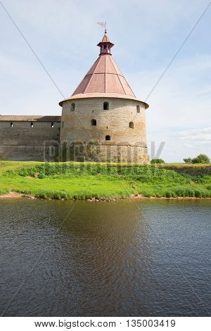 Golovina tower closeup, sunny day in july. The Oreshek fortress, Leningrad region, Russia