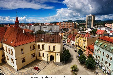 2016-06-18 Chomutov city Czech republic - in this photo are Lock on the left, street 'Taboritska ulice' in the middle and  high-rise building 'Armabeton' on the right seen from  tower 'Mestska Vez'